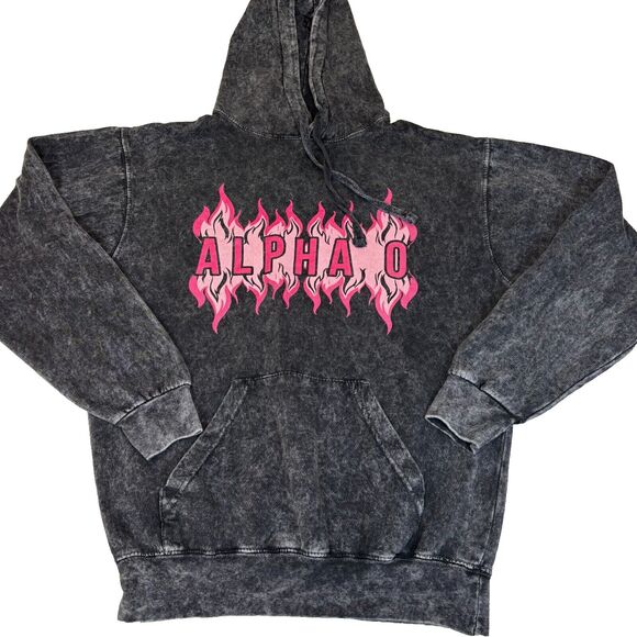Alpha 0 Black Acid Wash Hoodie Pockets Long Sleeves Pink Flames Small Colortone - Picture 1 of 7